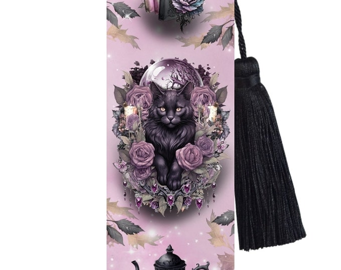 Large Metal Bookmark With Tassel - Purple Romance - Black Cat Bookmark