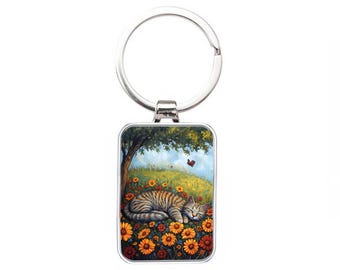 Silver Metal Cat Keyring - Sleeping Tabby Cat in Flowers