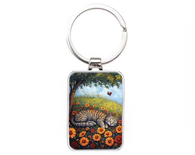 Silver Metal Cat Keyring - Sleeping Tabby Cat in Flowers
