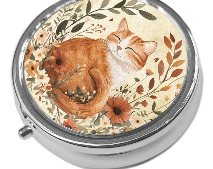 Metal Pill Box - Cat Trinket Box - Floral Ginger Cat