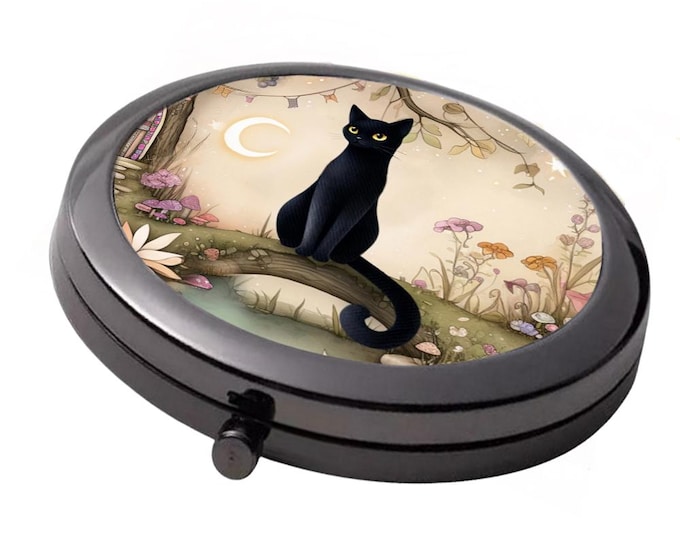 Black cat Mirror - Smoke Black - Large Double Compact Mirror -  Whimsical Black Cat