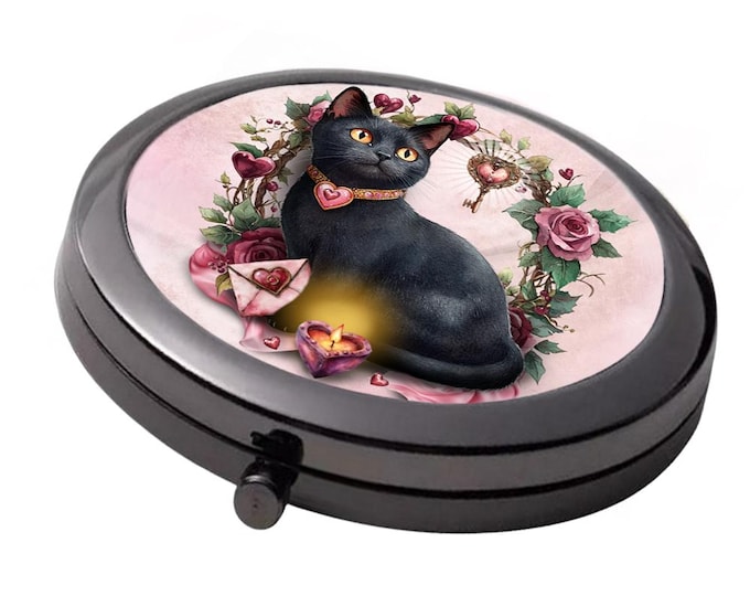 Black cat Mirror - Smoke Black - Large Double Compact Mirror - Key To My Heart