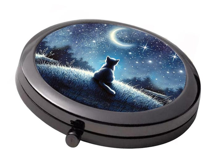 Moongazing Cat Compact Mirror - Smoke Black Double Mirror, 7cm