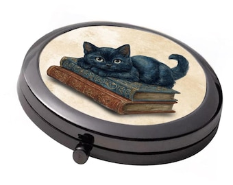 Black Cat on Books Compact Mirror – Gothic Double Mirror (7cm)