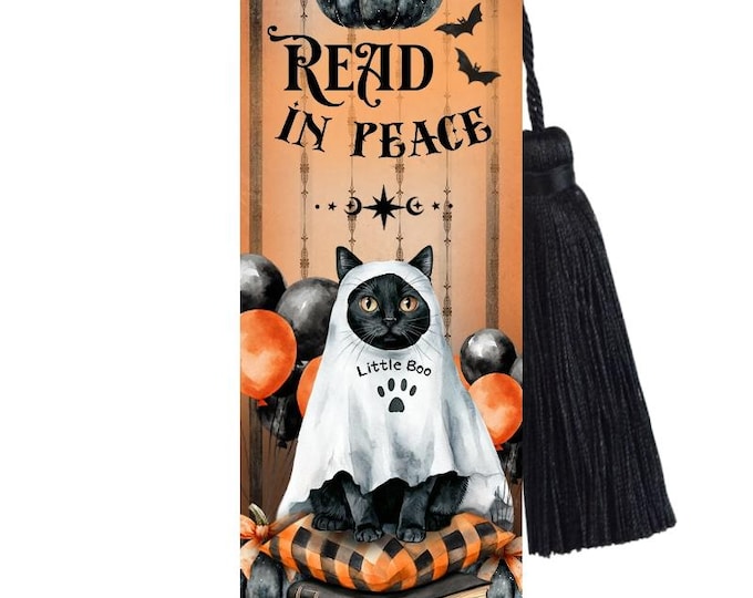 Large Metal Bookmark With Tassel - Little Boo - Halloween Cat Bookmark