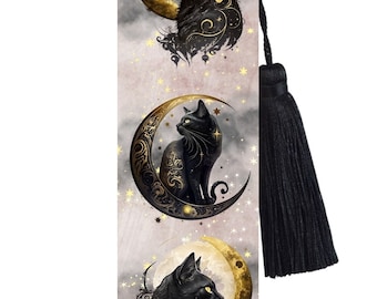 Large Metal Bookmark With Tassel - Black Cat Bookmark - Celestial Cats - Cat & Moon Bookmark