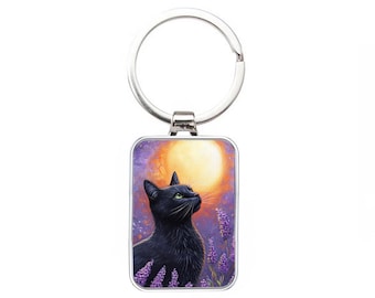 Silver Metal Cat Keyring - Moongazing Black Cat In A Lavender Field