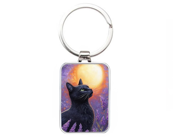 Silver Metal Cat Keyring - Moongazing Black Cat In A Lavender Field
