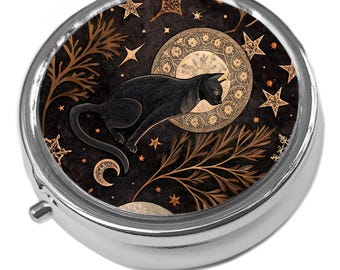 Celestial Cat Pill Box: Metal Trinket Storage