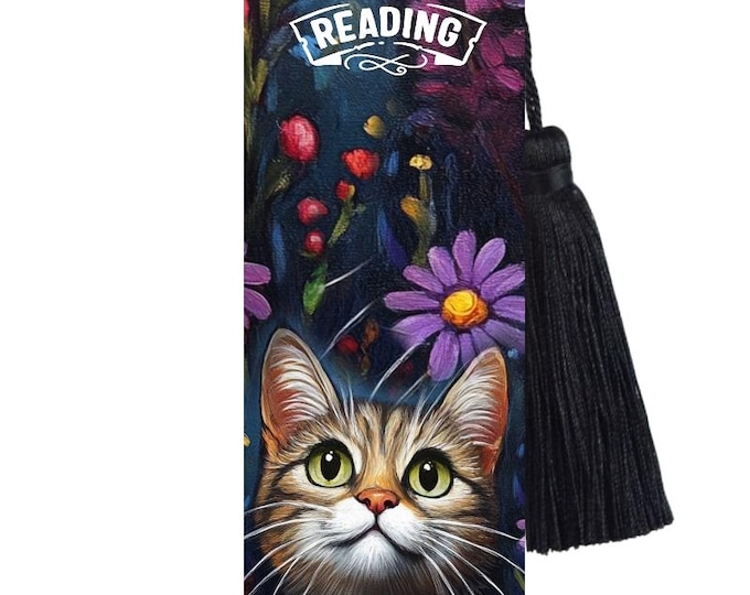 Floral Blue Tabby Cat Metal Bookmark with Tassel: Funny Reader Gift