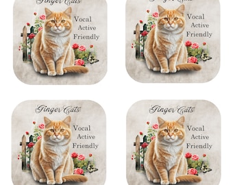 Set Of 4 - Cat Breed Coasters - Cork Backed Coasters - The Ginger Cat