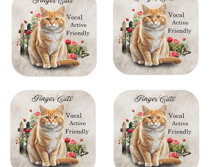 Set Of 4 - Cat Breed Coasters - Cork Backed Coasters - The Ginger Cat