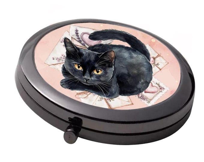 Black cat Mirror - Smoke Black - Large Double Compact Mirror -  Cottagecore, shabby Chic Black Cat
