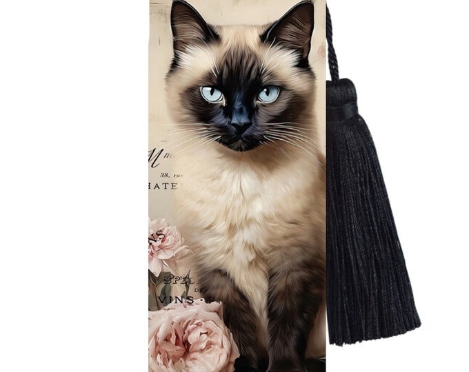 Large Metal Bookmark With Tassel - Vintage Cats - Vintage Siamese cat