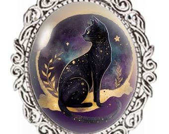 Silver Colour - Oval Glass Cabochon Brooch - Black Cat Purple Moon - Cat Brooch