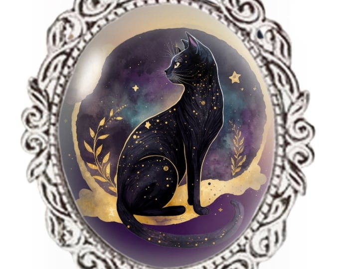 Silver Colour - Oval Glass Cabochon Brooch - Black Cat Purple Moon - Cat Brooch