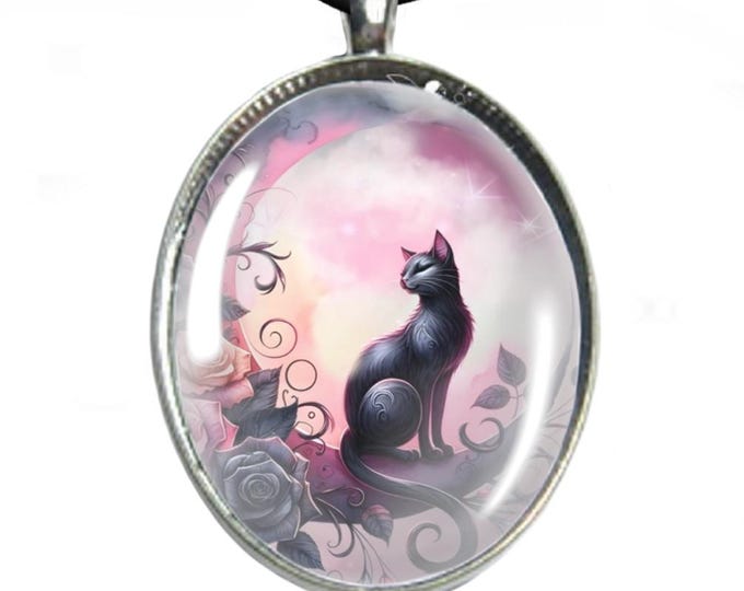 Glass Cabochon Necklace - Silver Plated Tray & Necklace - Black Cat on Purple Moon