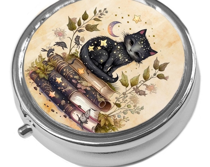 Kitten & Magic Books - Round  Pill / Trinket Box