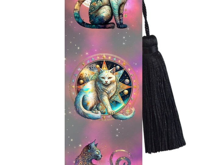 Large Metal Bookmark With Tassel - Celestial Cats - Dawn Cats
