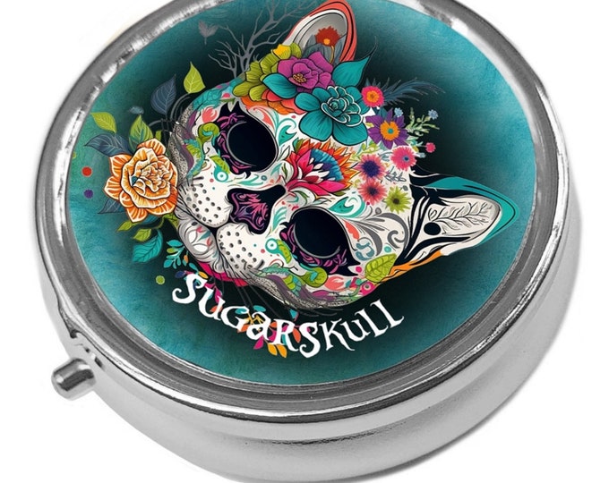Sugarskull Cat - Round  Pill / Trinket Box