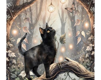 Black Cat Metal Sign: Adventure Decor, Hanging Jute Rope (20cm x 15cm)