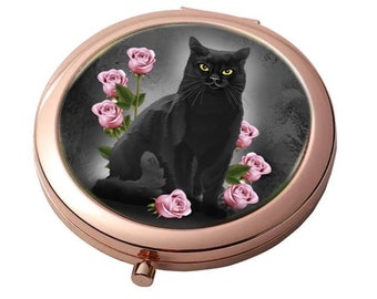 Ophelia - Black Cat & Pink Roses - Rose Gold - Large Double Compact Mirror