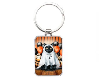 Silver Metal Cat Keyring - Little Boo - Halloween Ghost Cat