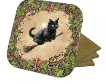 Set Of 4 - Witches Cat On A Broom Stick - Cork Backed Coasters
