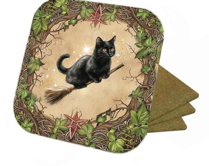 Set Of 4 - Witches Cat On A Broom Stick - Cork Backed Coasters