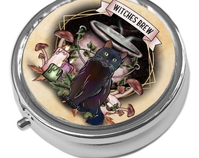 Witches Brew - Black Cat and Cauldron Themed - Round  Pill / Trinket Box- Magic Cat