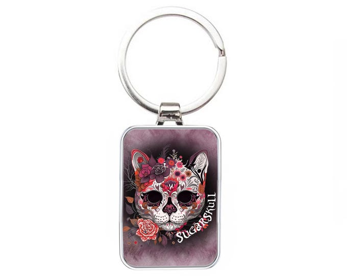 Silver Metal Cat Keyring - Sugarskull Cat - Day Of The Dead Cat
