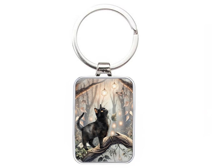 Silver Metal Cat Keyring - Little Black Cat in The Forest
