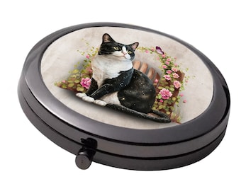 Black & White Cat - Smoke Black - Large Double Compact Mirror