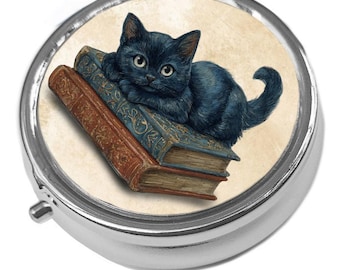 Little Black cat On Books, Cat Pill Box: Metal Trinket Storage