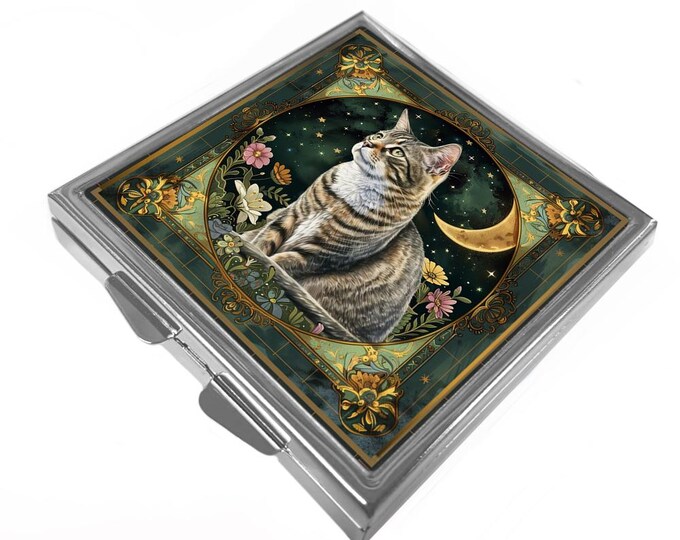 Square Pill/Trinket Box - Tabby Cat & Moon