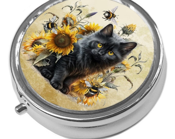 Black Kitten, Bees & Sunflowers - Metal Pill Box - Cat Trinket Box
