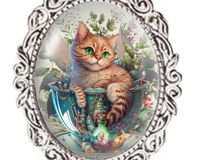 Silver Colour - Oval Glass Cabochon Brooch - Ginger Kitten In Tea Cup - Baby Tea Leaf