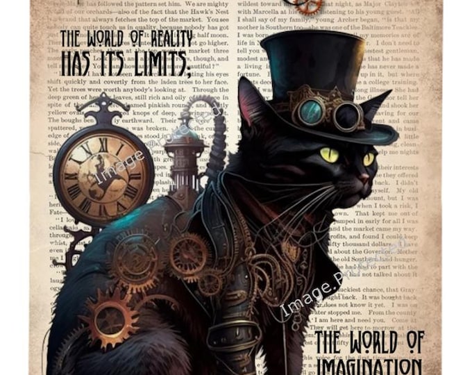 Hanging Metal Sign -  Steampunk Cat - Motivational Quote