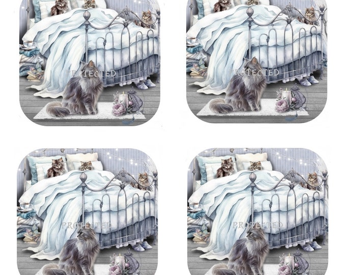 Set Of 4 - Cat Coasters - Cork Backed Coasters - Bedtime Cats & Kittens