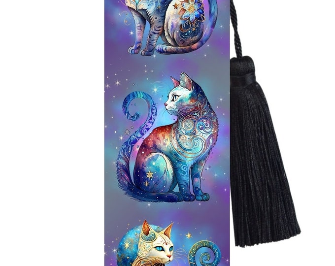 Large Metal Bookmark With Tassel - Celestial Cats - Dusk Cats