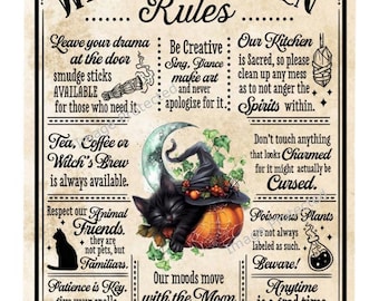 Black Cat Sign - Hanging Metal Sign -  Witches Kitchen Rules Sign