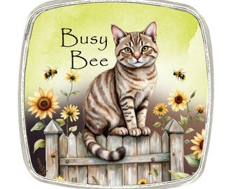 Cat Magnet - Chrome Finish Large Magnet -Tabby Cat Magnet - Busy Bee