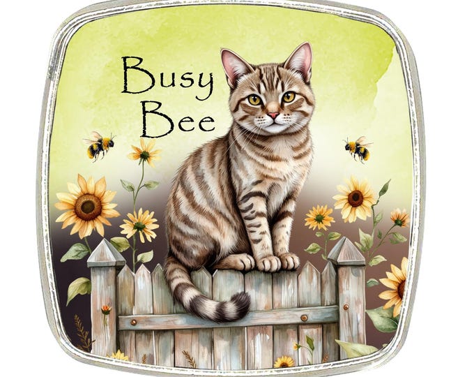 Cat Magnet - Chrome Finish Large Magnet -Tabby Cat Magnet - Busy Bee