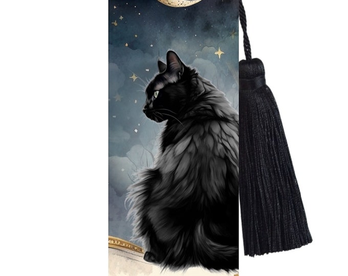 Large Metal Bookmark With Tassel - Black Cat Bookmark - Quote, strong and strength