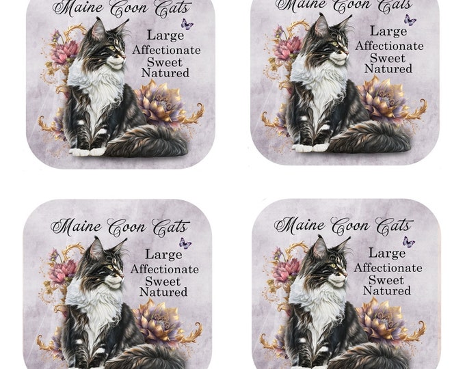 Set Of 4 - Cat Breed Coasters - Cork Backed Coasters - The Maine Coon Cat