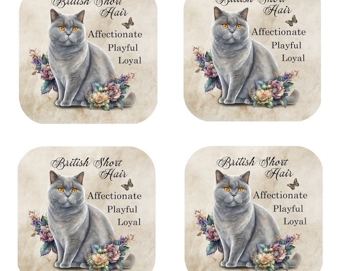Set Of 4 - Cat Breed Coasters - Cork Backed Coasters - British Short Hair / British Blue Cat