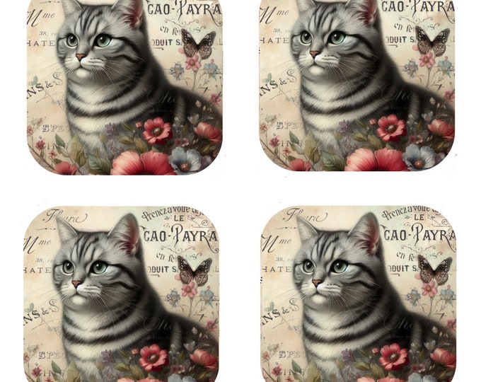 Set Of 4 - Cork Backed Coasters - Vintage Grey Tabby Cat