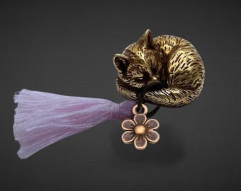 Brass Lucky Charm Cat - Dreamer - Brass Cat, Charm & Tassel - With Bag and Card