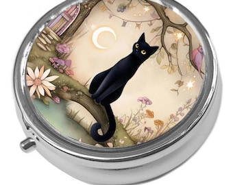 Metal Pill Box - Cat Trinket Box - Whimsical Black Cat