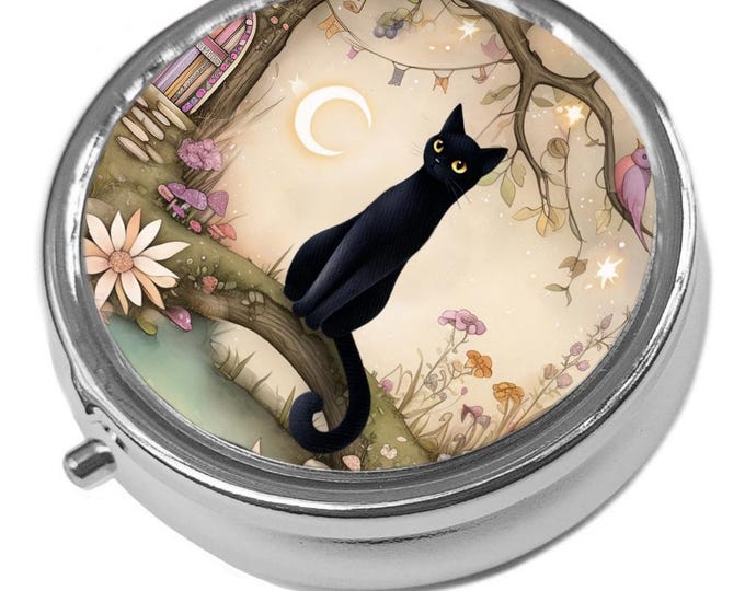 Metal Pill Box - Cat Trinket Box - Whimsical Black Cat
